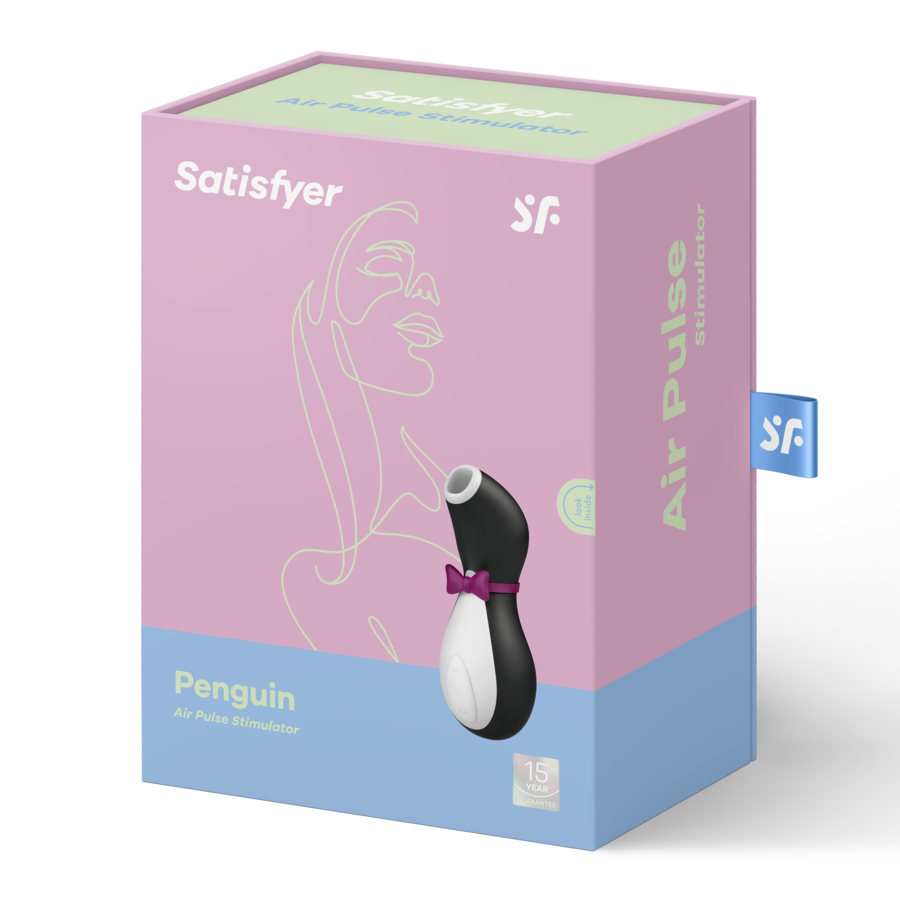 Boite pastel du Satisfyer Pro Penguin, packaging Air Pulse Stimulator avec visuel du pingouin et illustration au trait d'un visage, stimulation clitoridienne sans contact.