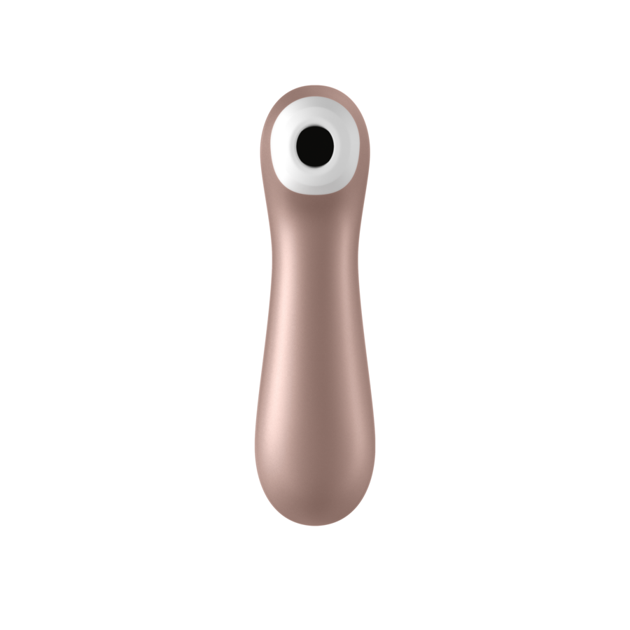 Stimulateur clitoridien Satisfyer dore vu de face, gros plan sur l'ouverture d'aspiration entouree de silicone, technologie ondes de pression sans contact, 11 programmes, etanche.