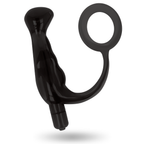 Stimulateur de prostate vibrant silicone noir avec cockring souple, vue de profil mettant en valeur la courbe point P et le bullet d'extremite.