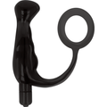 Masseur de prostate vibrant Addicted en silicone noir couple a un anneau penien, vue de face, embout incurve point P et bullet vibrant a la base.