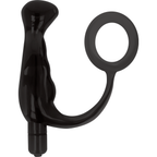 Masseur de prostate vibrant Addicted en silicone noir couple a un anneau penien, vue de face, embout incurve point P et bullet vibrant a la base.