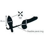 Schema technique du masseur prostatique Addicted (10 cm) indiquant le point P et l'anneau penien flexible, silhouette stylisee non realiste avec cotes.