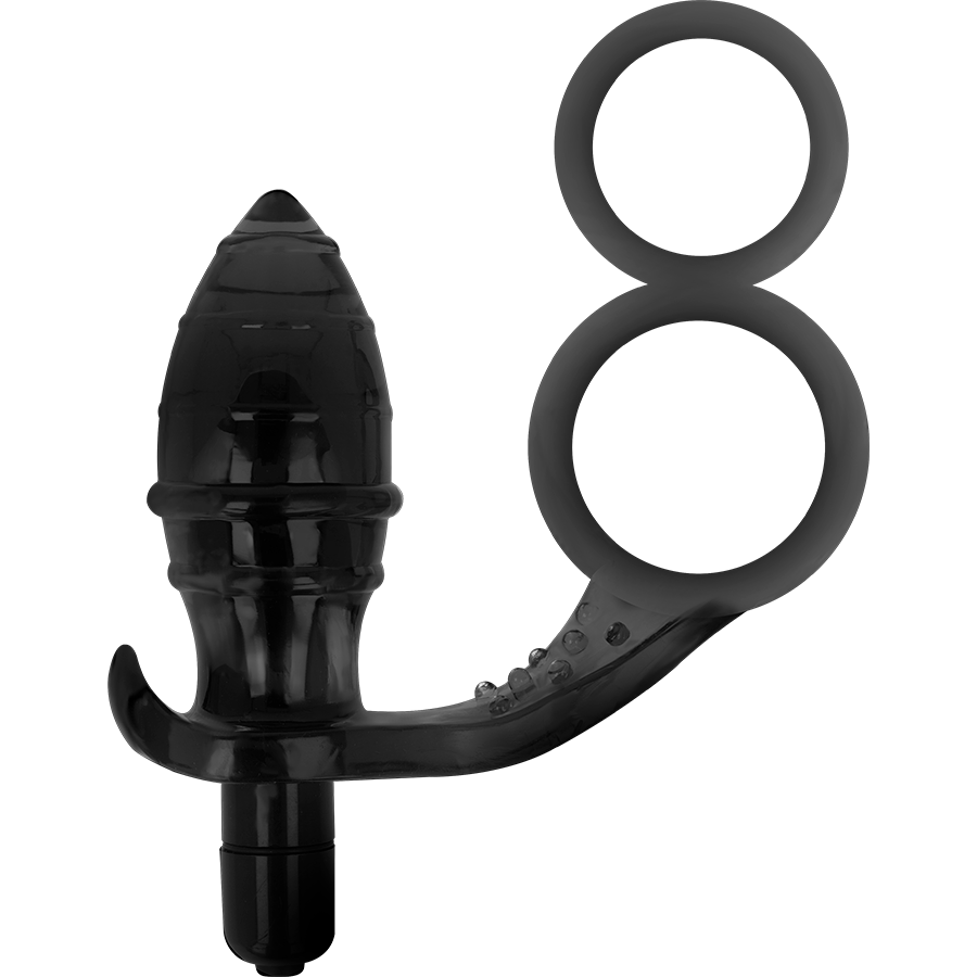 Masseur anal vibrant silicone noir avec double anneau penien et testiculaire, vue de trois quarts, corps texture et bullet vibrant pour le point P.