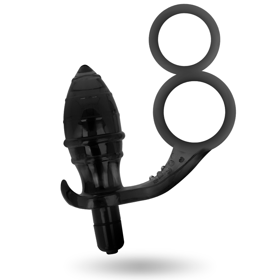 Plug anal vibrant Addicted en silicone noir texture associe a un double anneau penien et testiculaire, vue de face avec bullet vibrant a la base.