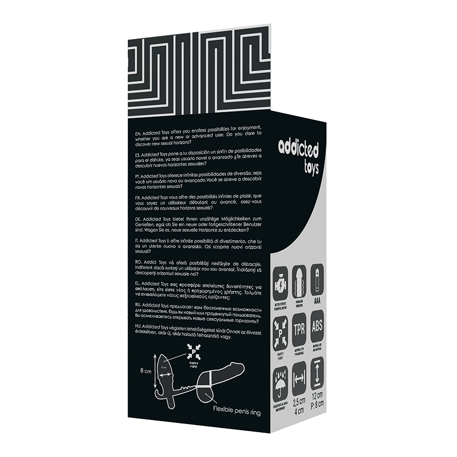 Dos de la boite Addicted Toys du combo plug + anneau penien, schema technique et texte multilingue, emballage noir discret du stimulateur masculin.