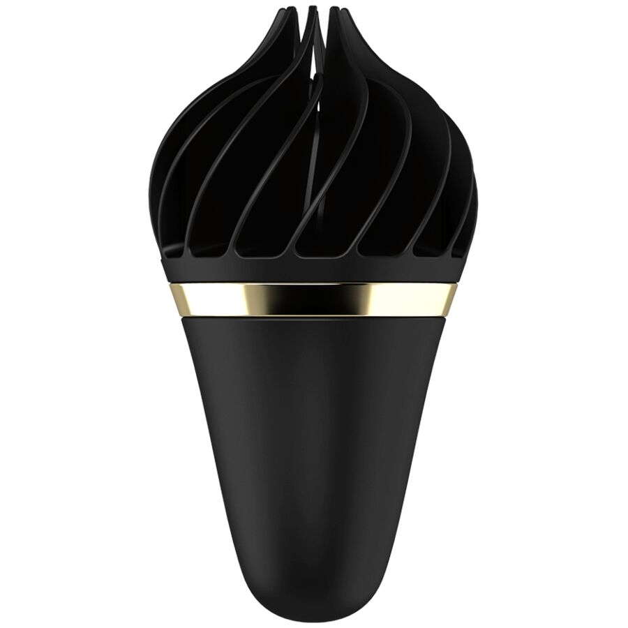 Stimulateur Satisfyer Sweet Treat noir en forme de cornet de glace torsade, vu de face sur sa tete en silicone, jouet rotatif a onze fonctions, design fun.