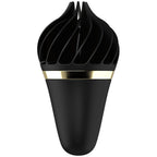 Stimulateur Satisfyer Sweet Treat noir en forme de cornet de glace torsade, vu de face sur sa tete en silicone, jouet rotatif a onze fonctions, design fun.