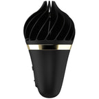 Stimulateur clitoridien rotatif Satisfyer Sweet Treat noir en forme de glace, tete torsadee en silicone et liseré dore, vue de face sur sa pointe gourmande.