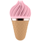 Stimulateur clitoridien rotatif Satisfyer Sweet Treat en forme de glace, creme rose en silicone et cone gaufre, onze fonctions de rotation, design gourmand.