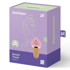 Boite violette Satisfyer Sweet Treat Spinnator illustrant le stimulateur clitoridien rotatif en forme de glace, jouet en silicone a onze fonctions de rotation.