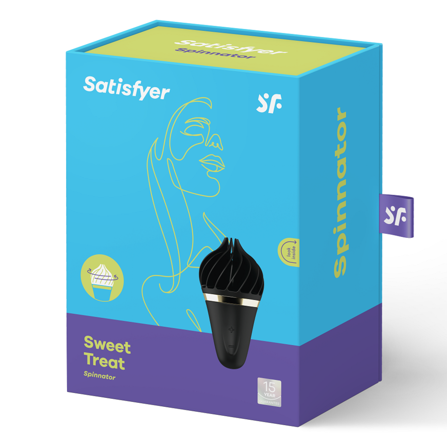 Boite bleue Satisfyer Sweet Treat Spinnator presentant le stimulateur clitoridien noir en forme de glace, jouet rotatif en silicone au design gourmand.