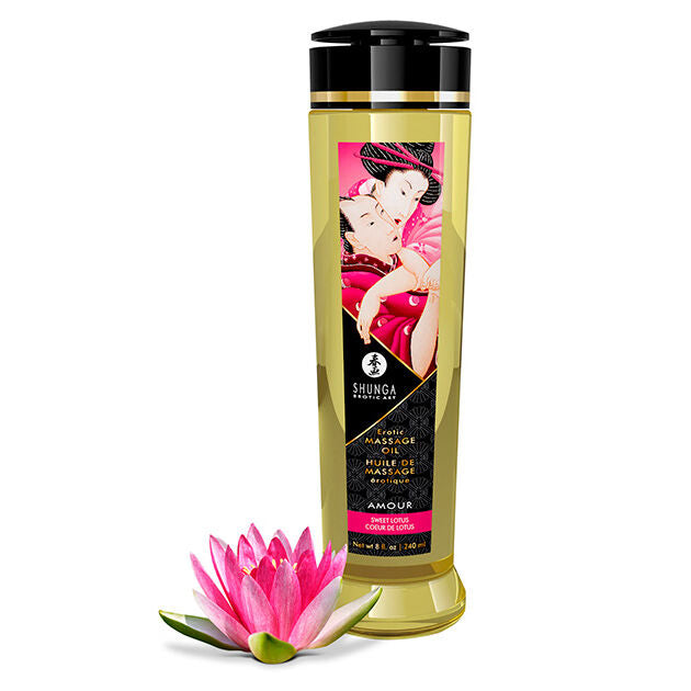 Huile de massage sensuelle Sweet Lotus Shunga 240 ml, flacon doré de face avec fleur de lotus rose, formule aux huiles essentielles naturelles d'avocat et ylang-ylang.