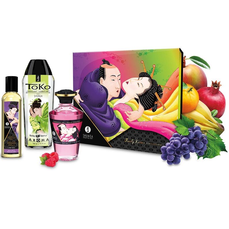 Kit Shunga baisers fruites etale avec sa boite illustree d un couple enlace, flacons d huiles et lubrifiant entoures de fruits, coffret de trois produits naturels gourmands