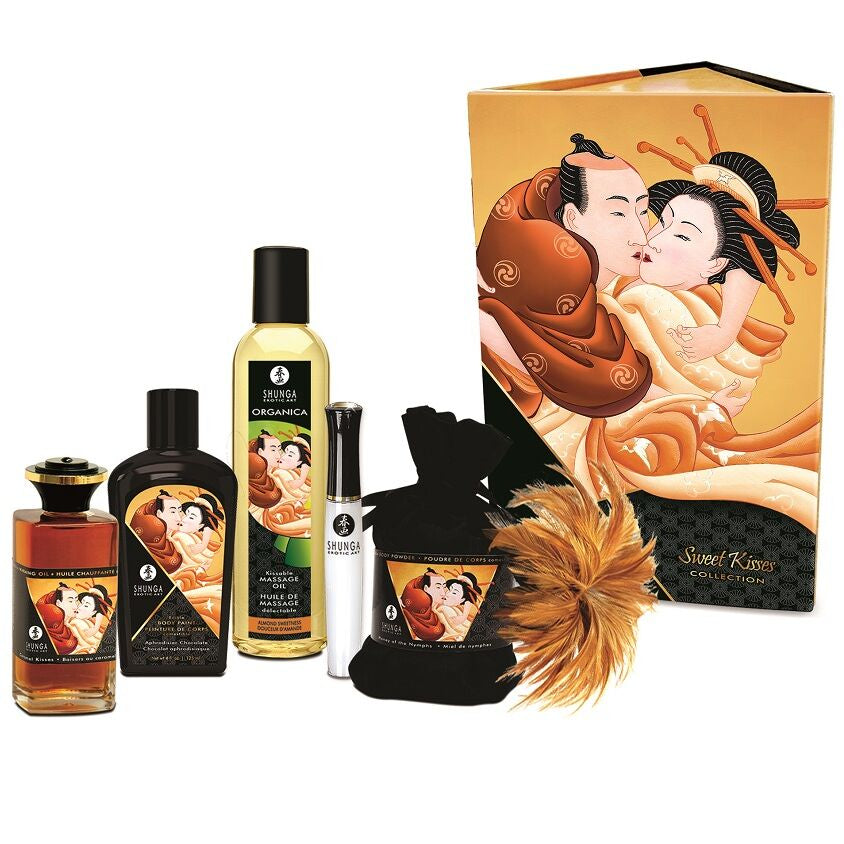 Kit de massage Doux baisers Shunga, assortiment de flacons et bougie devant la boîte ornée de l'art érotique japonais, huiles thermiques et poudres comestibles pour couple.