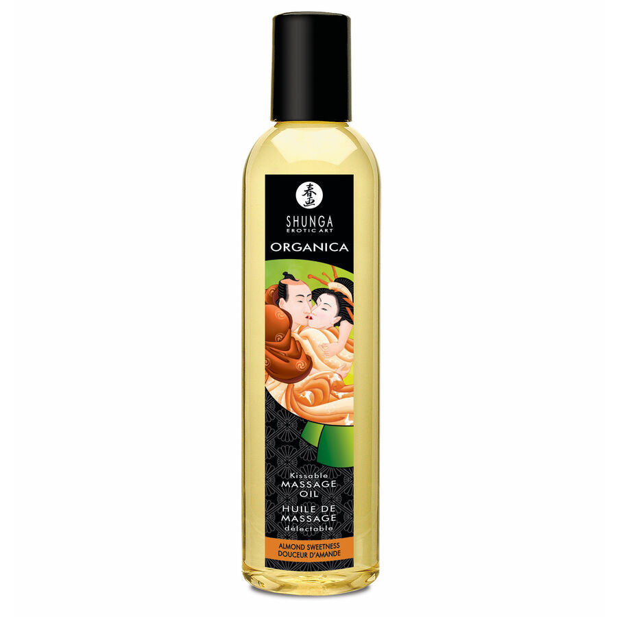 Huile de massage Shunga Organica bio en flacon doré arrondi vu de face, formule certifiée naturelle pressée à froid, texture fluide enrichie en vitamine E pour massage sensuel.