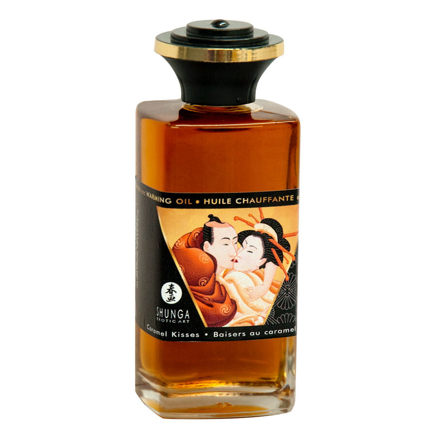 Huile de massage chauffante Shunga saveur caramel, flacon ambré bombé présenté de face, effet chaleur gourmand inspiré de l'art érotique japonais pour massage à deux.