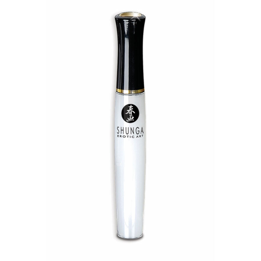 Gloss à lèvres stimulant Shunga vu de face, applicateur fin transparent et noir, effet chaud-froid picotant pour intensifier les caresses orales, saveur gourmande.