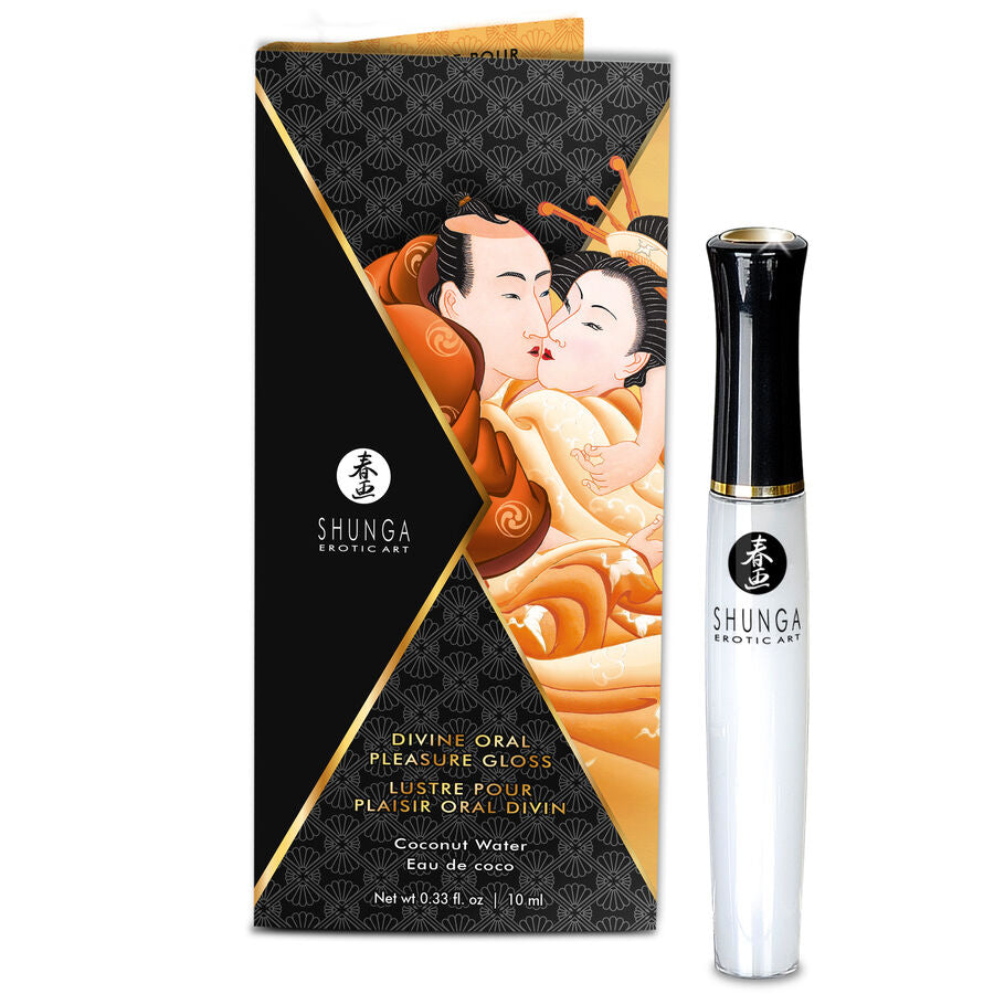 Gloss oral Divine Pleasure Shunga eau de coco présenté à côté de sa boîte dorée illustrée, effet trois-en-un chaleur froid chatouillement pour le plaisir oral gourmand.