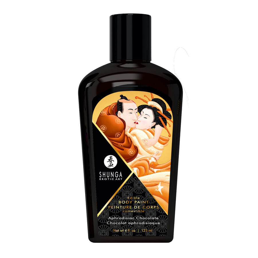 Peinture corporelle comestible chocolat Shunga, flacon noir bombé vu de face, formule soyeuse non collante à appliquer au pinceau pour dessins sensuels gourmands sur la peau.