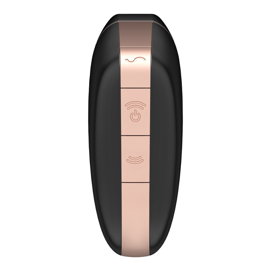 Stimulateur clitoridien Satisfyer Love Triangle noir vu de dos sur sa colonne de commandes dorees, jouet plat en silicone connecte a aspiration sans contact.