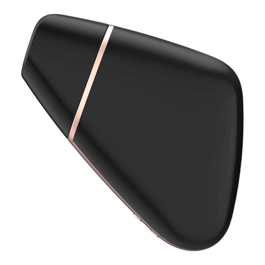 Stimulateur clitoridien Satisfyer Love Triangle noir et liseré dore, vue laterale sur sa silhouette triangulaire en silicone, aspiration par ondes d'air.