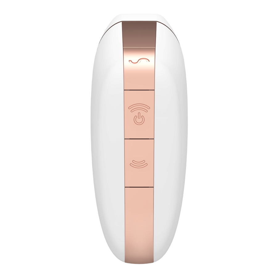 Stimulateur clitoridien Satisfyer Love Triangle blanc vu de dos sur sa rangee de boutons dores, jouet plat connecte en silicone a aspiration sans contact.