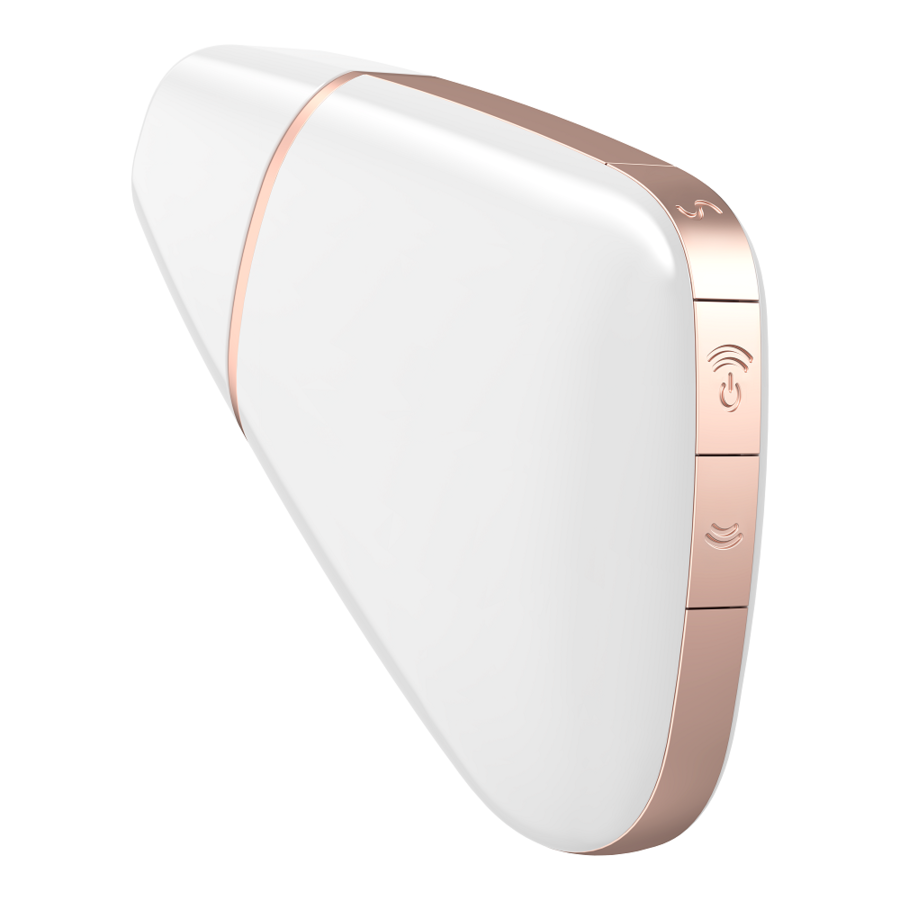 Stimulateur clitoridien Satisfyer Love Triangle blanc et liseré dore vu de dessus, jouet plat en silicone a aspiration sans contact et commandes laterales.