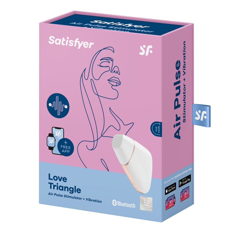 Stimulateur Satisfyer Love Triangle blanc sur sa boite bleue Air Pulse line-art, jouet plat en silicone a aspiration clitoridienne sans contact, Bluetooth.
