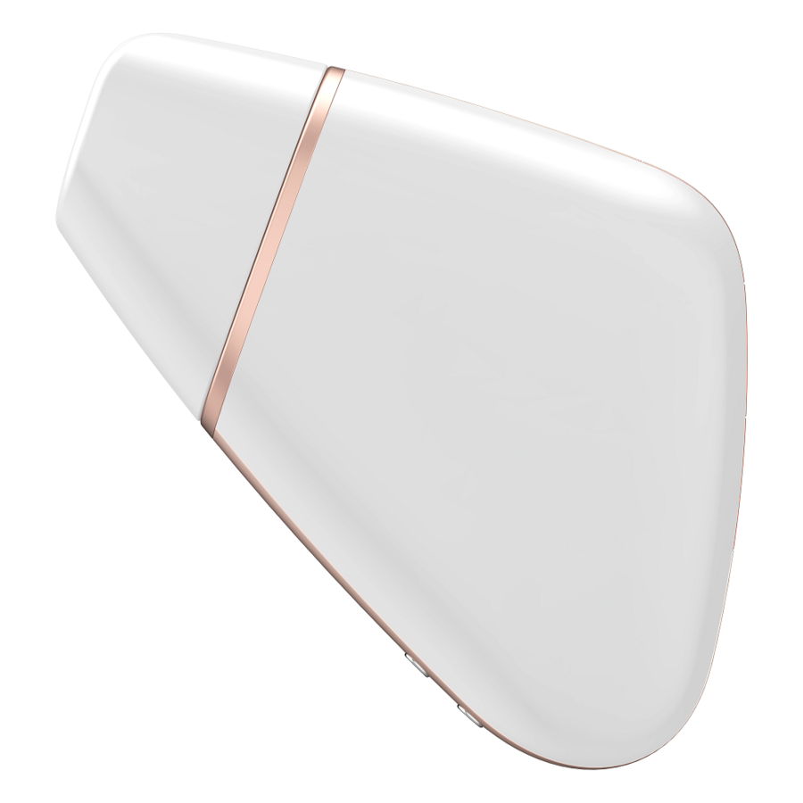 Stimulateur clitoridien Satisfyer Love Triangle blanc et dore, vue de profil sur sa forme triangulaire fine en silicone, aspiration par ondes d'air sans contact.