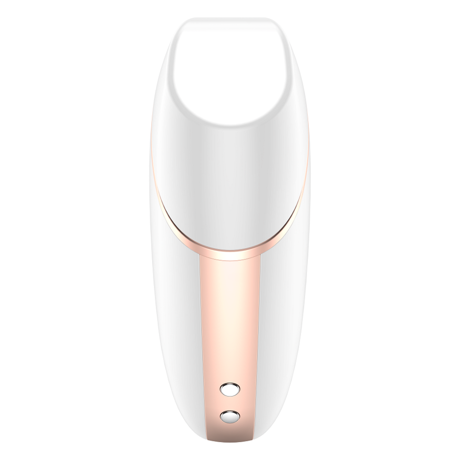 Stimulateur clitoridien Satisfyer Love Triangle blanc et dore vu de face, embout d'aspiration en silicone et fente de commande, ondes d'air sans contact.