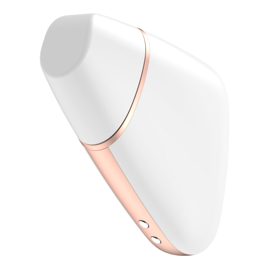 Stimulateur clitoridien Satisfyer Love Triangle blanc et dore vu de face sur son embout d'aspiration en silicone, jouet plat a ondes d'air pilotable par app.