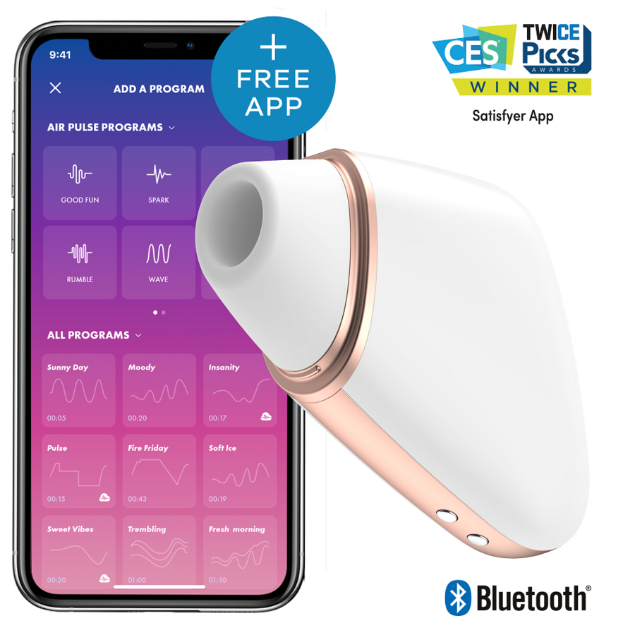 Stimulateur clitoridien Satisfyer Love Triangle blanc et dore pres d'un smartphone affichant l'app Air Pulse, aspiration sans contact pilotable Bluetooth.