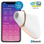 Stimulateur clitoridien Satisfyer Love Triangle blanc et dore pres d'un smartphone affichant l'app Air Pulse, aspiration sans contact pilotable Bluetooth.