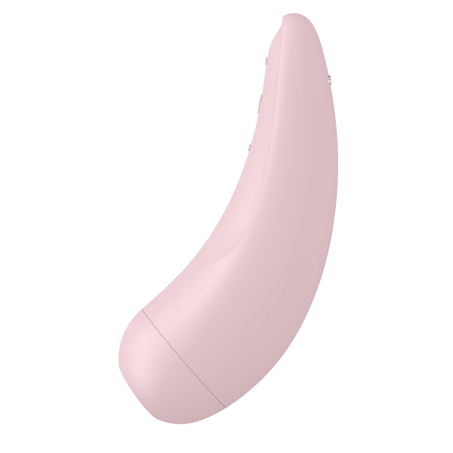 Vue arrière du stimulateur clitoridien Curvy rose montrant son dos lisse galbé en silicone, son anneau de commande et l'extrémité aspirante air pulse étanche.