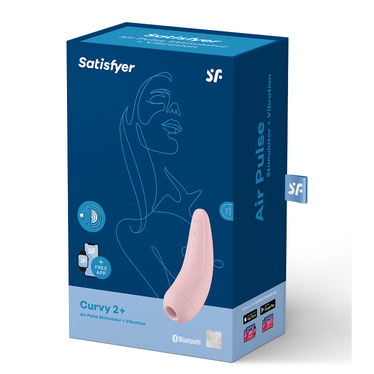 Boîte bleue du Satisfyer Curvy 2+ ornée d'un visage stylisé au trait, mention Air Pulse stimulateur et vibration, avec le toy rose poudré illustré.