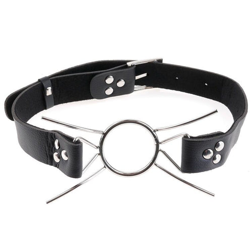 Baillon araignee presente a plat : anneau central ouvert en acier, quatre pattes metalliques incurvees et longue sangle en cuir noir reglable a boucle, sur fond blanc.