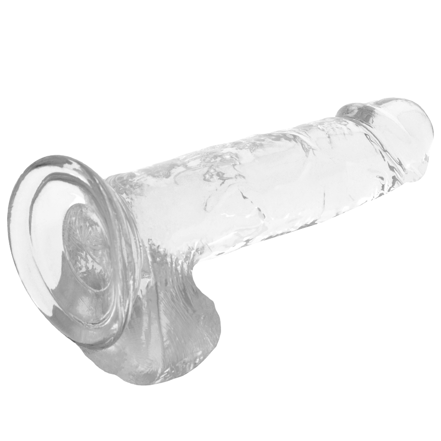 Gode realiste transparent X Ray couche a l horizontale, testicules moules et large ventouse de face, gland marque au bout, veines apparentes sur la tige jelly