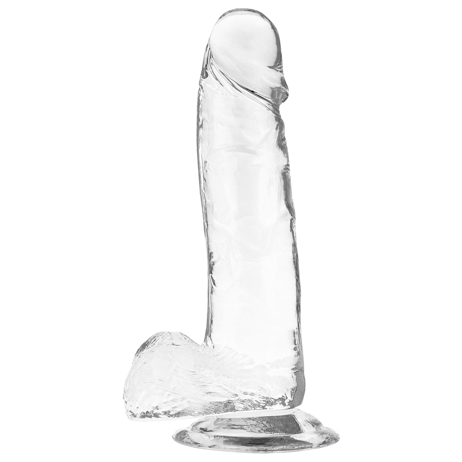 Gode jelly transparent X Ray avec testicules, vue de trois quarts, gland nervure et veines saillantes sur la tige incurvee, ventouse de maintien mains libres
