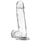Gode realiste transparent X Ray avec testicules moules, vue de face, gland defini et veines marquees sur la tige, ventouse large pour penetration mains libres