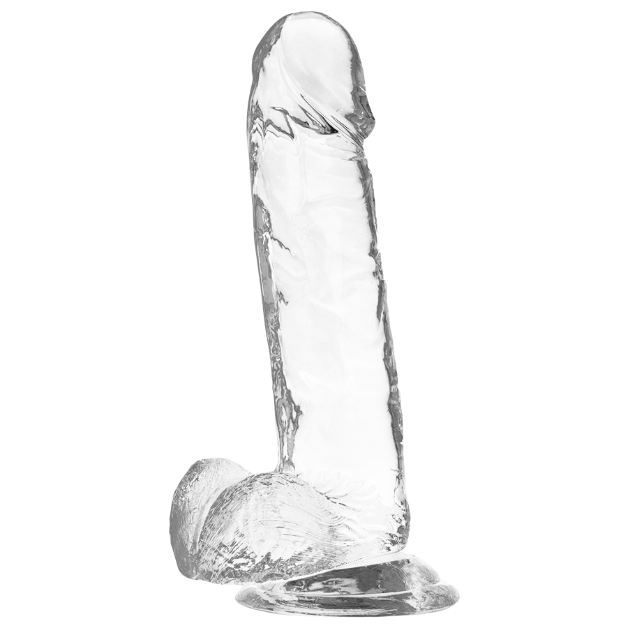 Gode realiste transparent X Ray avec testicules moules, vue de face, gland defini et veines marquees sur la tige, ventouse large pour penetration mains libres