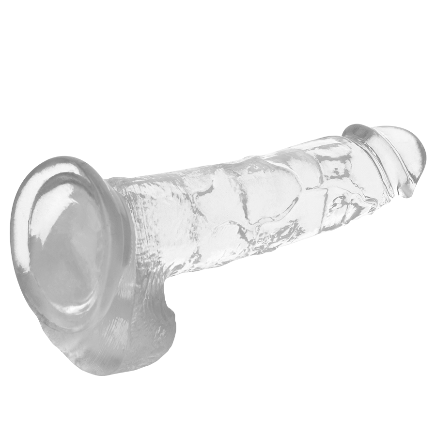Gode realiste transparent X Ray couche a l horizontale, testicules moules et gland marque, veines apparentes sur la tige en jelly, ventouse plate de fixation