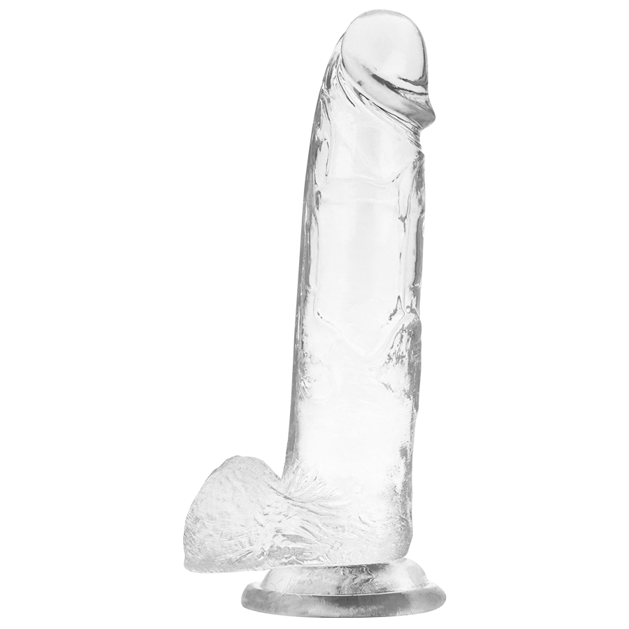 Gode jelly transparent X Ray avec testicules moules, vue de face, gland nervure et veines marquees sur une longue tige, ventouse large de maintien mains libres