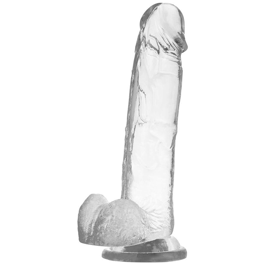 Gode realiste transparent X Ray avec testicules moules, vue de trois quarts, gland defini et veines marquees sur la tige, ventouse large pour usage mains libres