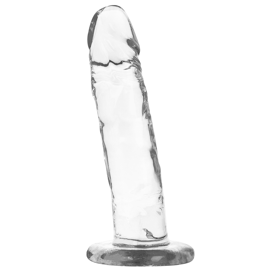 Gode realiste transparent X Ray en jelly, vue de trois quarts, gland defini et reliefs veineux sur la tige, base ventouse pour penetration mains libres stable