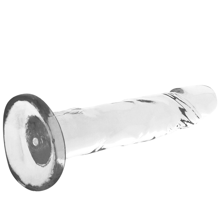 Gode realiste transparent X Ray couche a l horizontale, large ventouse de face et gland marque au bout, veines apparentes sur la longue tige en jelly souple