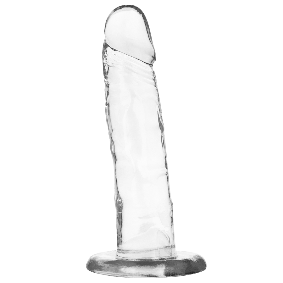 Gode jelly transparent X Ray vu de face, gland nervure et veines marquees sur une tige droite elancee, fine ventouse de fixation pour usage mains libres
