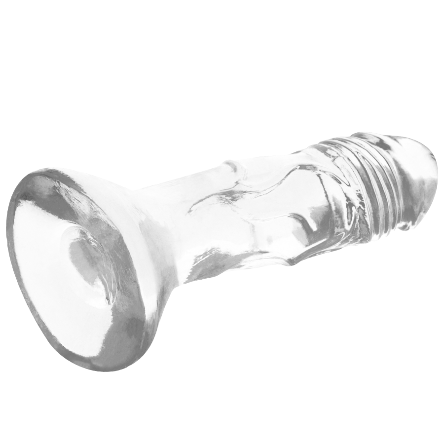 Gode realiste transparent X Ray couche a l horizontale, ventouse plate de face et gland nervure a l autre extremite, tige souple en jelly translucide