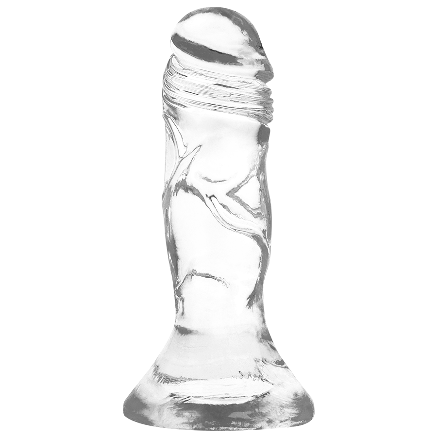 Gode jelly transparent X Ray vu de face, gros gland bombe et veines apparentes sur une tige courbee, large ventouse pour un maintien mains libres stable