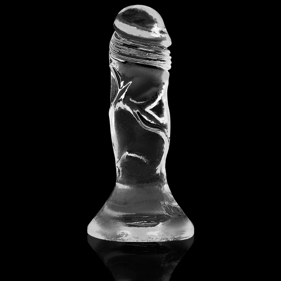 Gode jelly transparent X Ray sur fond noir, gland bombe et veines contrastees mises en valeur, ventouse large assurant un maintien mains libres stable