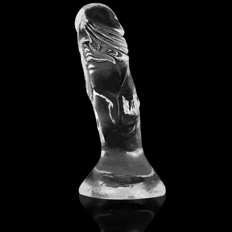Gode realiste transparent X Ray sur fond noir, vue laterale, gland prononce et veines saillantes sur tige courte, ventouse plate de fixation mains libres